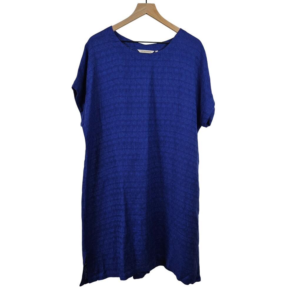 Soft Surroundings Woven Linen Textured‎ Shift Dress L Royal Blue Short Sleeve